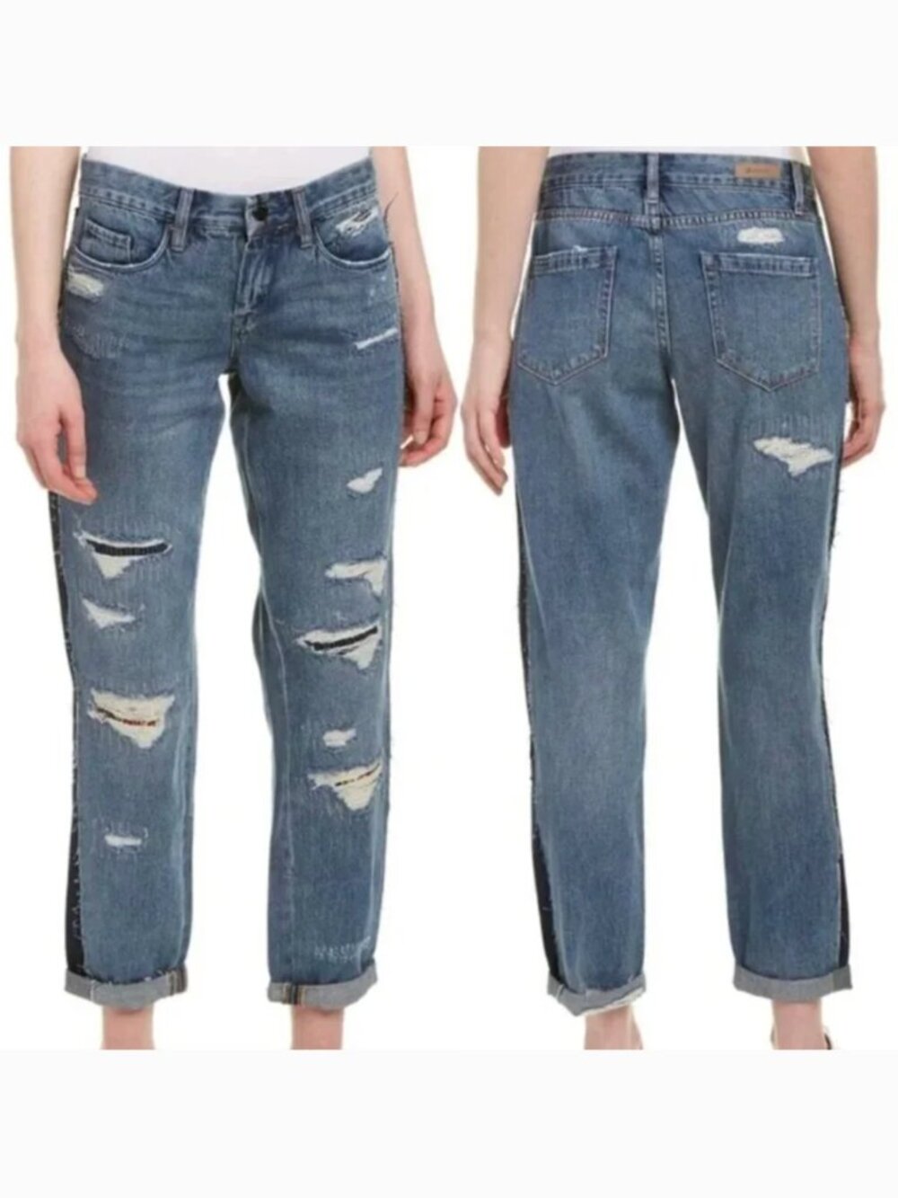BLANK NYC BLANKNYC Patchwork Distressed Side Striped Crop Girlfriend Jeans Boho